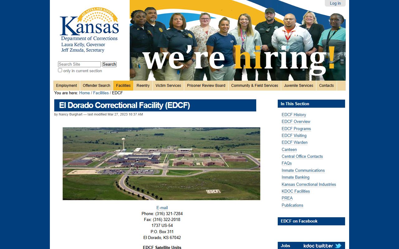El Dorado Correctional Facility KDOC contact and inmate lookup page