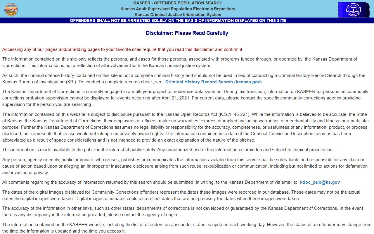 El Dorado Correctional Facility KASPER inmate lookup disclaimer